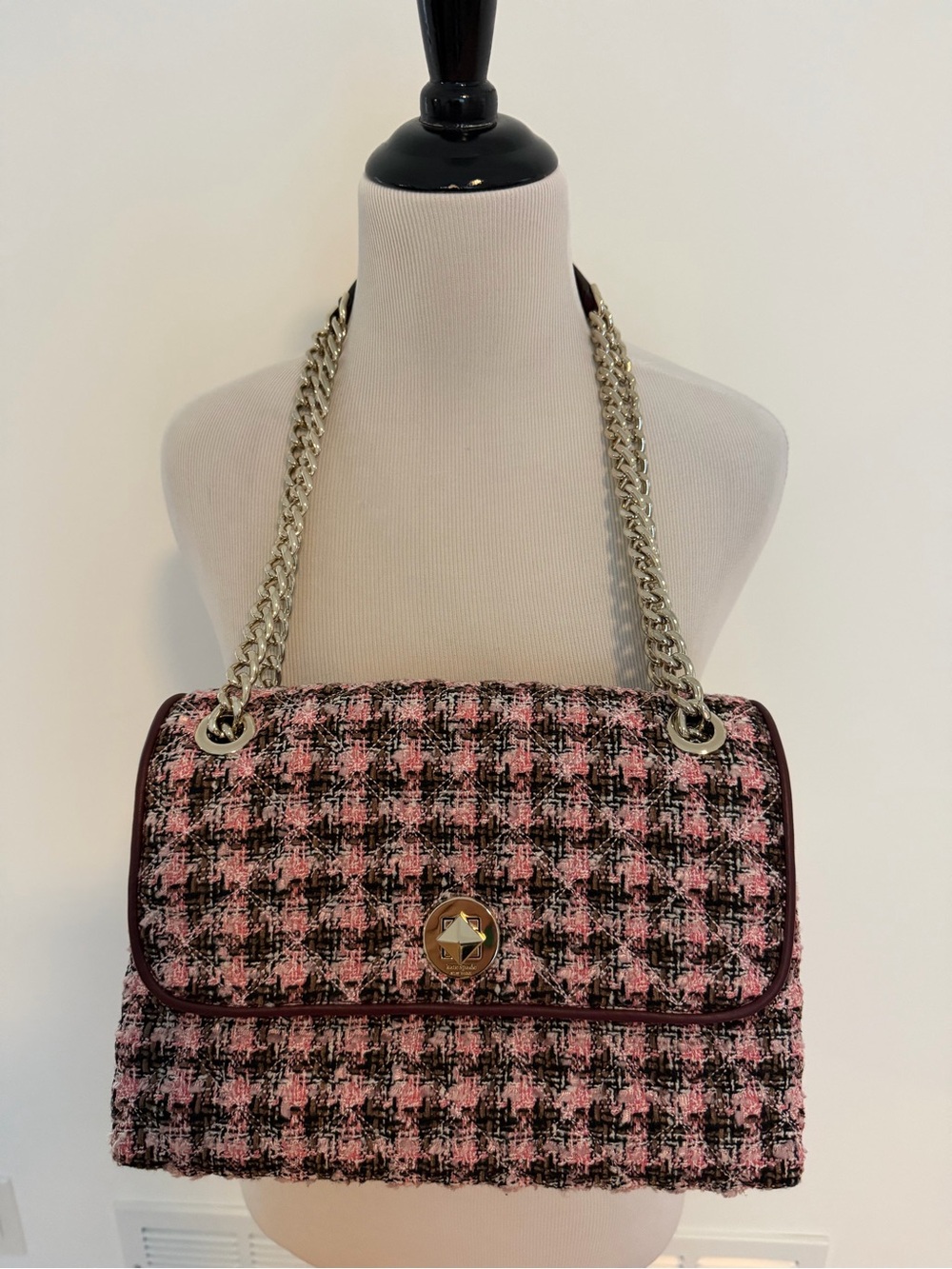 kate spade Pink and Black Tweed Shoulder Bag with Chain